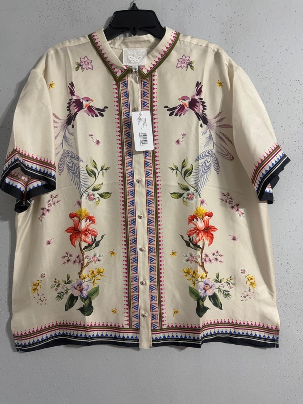 NWT 30%SILkFloral & Bird Printed Button-Up Shirt - Cream&red green blue